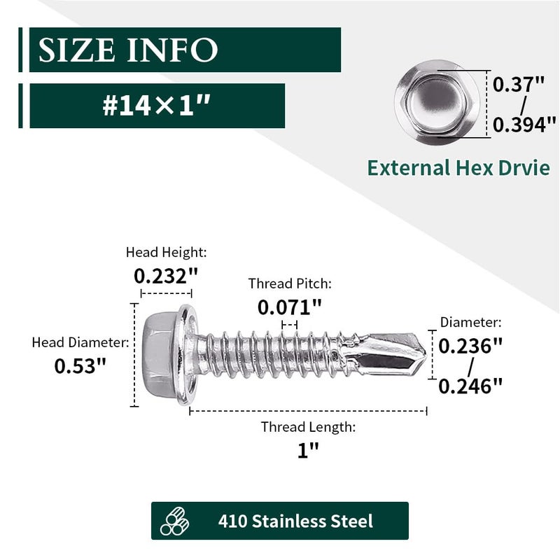 EASTLO #14 x 1 (50 pcs) Hex Washer Head Self Drilling Screws  410 Stainless Steel Metal Sheet Tek Screws  Self Tapping Point  No Pre-drilled Hole Needs - Image 3